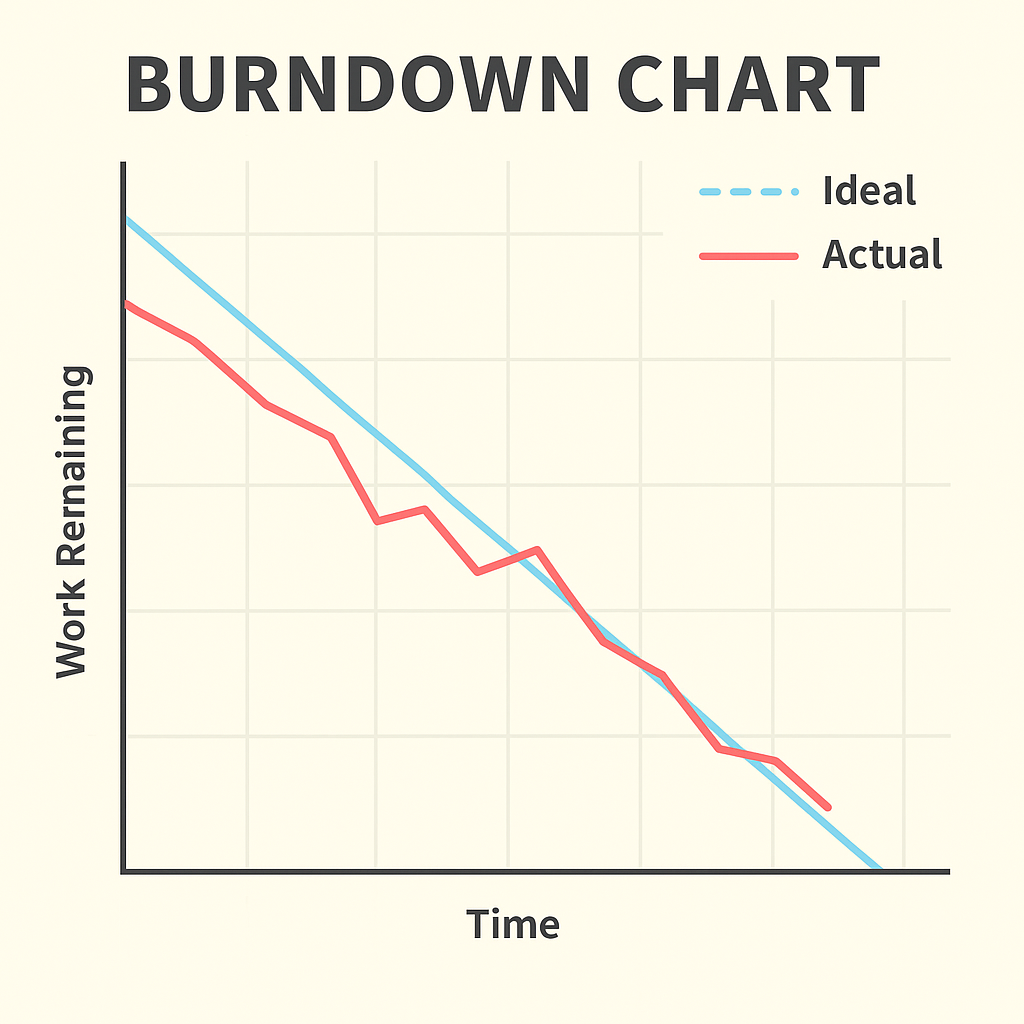 A burndown chart showing ideal pace line versus actual story points remaining across a ten-day sprint